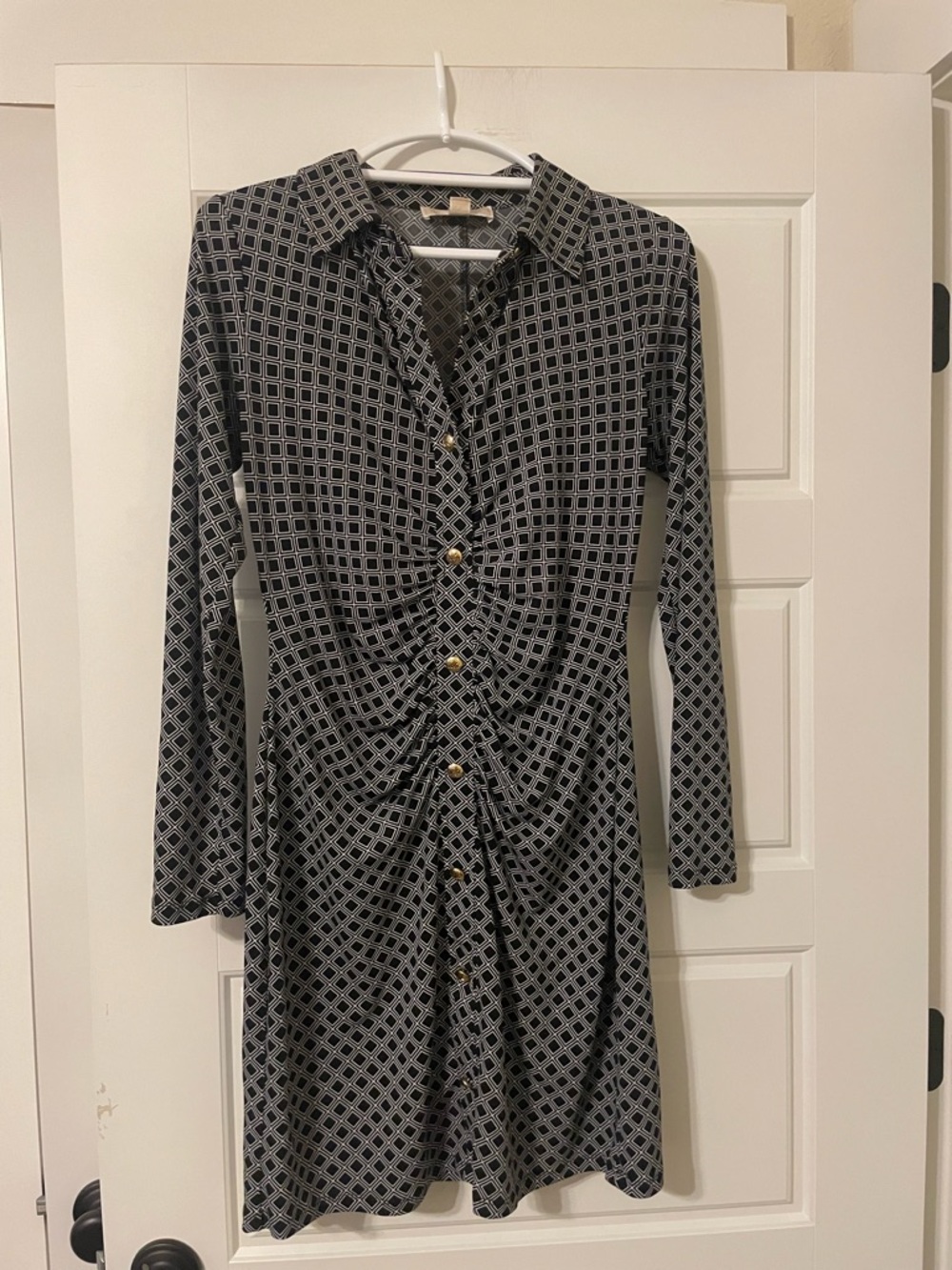Michael Kors Black & Gray Geometric Long-Sleeve Shirt Dress with Gold Buttons